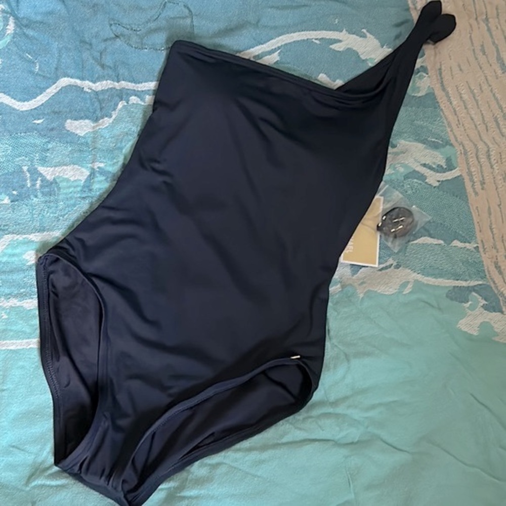 New MICHAEL Michael Kors Asymmetrical One Shoulder Solid Navy Bathing Suit - Picture 2 of 9